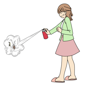 ゴキブリに殺虫剤を噴射する女性のイラスト